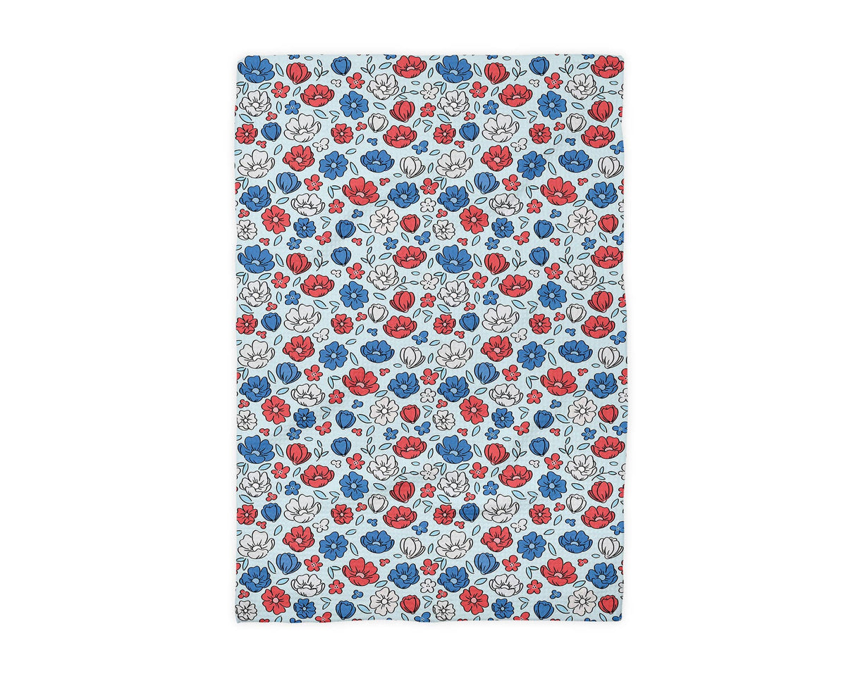 USA Patriotic 4th Floral Red White Kitchen Towel Waffle