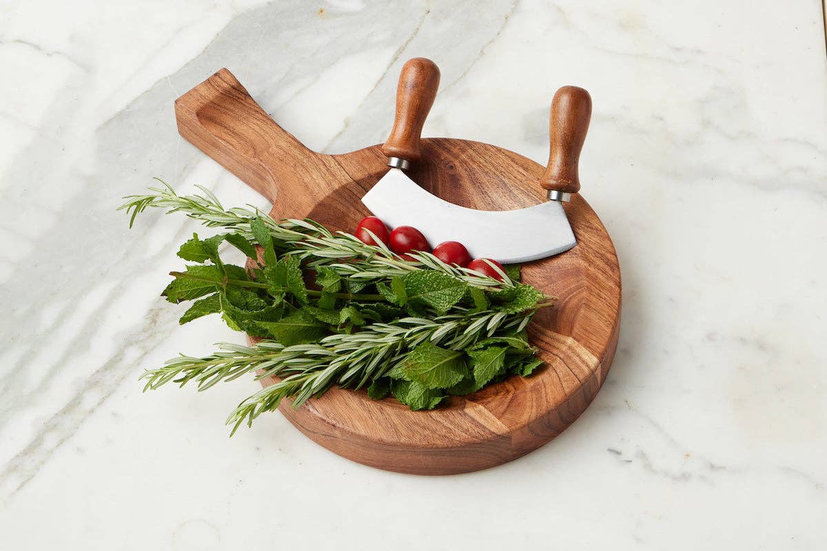 Italian Cutting Board Bowl with Mezzaluna Set, Small